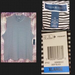 Karen Scott brand Black & White Striped Mock Neck Sleeveless Knit Top Sz XL